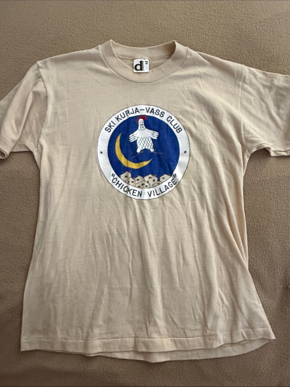Vintage Beige Graphic Crewneck T-Shirt with Chicken Village Emblem